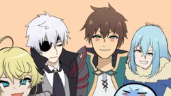  4boys arifureta_shokugyou_de_sekai_saikyou blonde_hair blue_hair brown_hair crossover isekai_quartet kono_subarashii_sekai_ni_shukufuku_wo! lilycious me_and_the_boys meme multiple_boys nagumo_hajime parody rimuru_tempest satou_kazuma tanya_degurechaff tensei_shitara_slime_datta_ken white_hair youjo_senki 