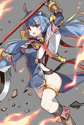  ahoge arm_up arms_up axe black_socks black_tail blue_hair bow bracelet brown_footwear brown_gloves demon_horns demon_tail epic_seven eyes_visible_through_hair female fire gloves gold_bracelet grey_background highres holding holding_axe holding_weapon horns jewelry long_hair necktie open_mouth pointy_ears ravi_(epic_seven) red_eyes red_necktie rock serin199 simple_background socks solo tail weapon white_horns yellow_bow 