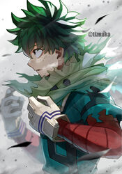  1boy bad_id bad_pixiv_id bags_under_eyes blurry blurry_background blurry_foreground boku_no_hero_academia costume debris depth_of_field dirty dirty_face dust_cloud freckles gloves green_eyes green_hair green_jumpsuit hands_up highres jumpsuit light_rays male_focus midoriya_izuku parted_lips red_sleeves serious short_hair solo tonbanlove torn_clothes upper_body white_gloves wind 