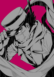  1boy adjusting_clothes adjusting_headwear commentary_request golden_kamuy greyscale_with_colored_background hat highres imperial_japanese_army kepi looking_at_viewer male_focus military military_hat military_uniform monochrome multiple_monochrome pink_background scar scar_on_cheek scar_on_face scarf short_hair solo spot_color star_(symbol) sugimoto_saichi uniform upper_body weapon weapon_on_back zanki 