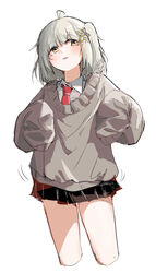  absurdres ahoge alternate_costume arknights black_skirt brown_eyes collared_shirt commentary_request cropped_legs female grey_hair grey_sweater head_tilt highres korean_commentary long_hair long_sleeves looking_at_viewer necktie one_side_up parted_lips pleated_skirt polyvora red_necktie scene_(arknights) school_uniform shirt simple_background skirt sleeves_past_fingers sleeves_past_wrists solo sweater white_background white_shirt 