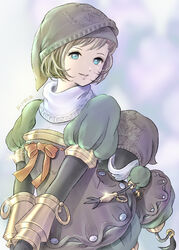  adventurer_(ff11) artist_name automaton_(final_fantasy) black_gloves blue_eyes bow brown_hair elbow_gloves eyelashes female final_fantasy final_fantasy_xi gloves green_headwear head_scarf highres hume lips orange_bow pink_lips piyoco puffy_short_sleeves puffy_sleeves puppetmaster_(final_fantasy) short_hair short_sleeves smile v_arms 