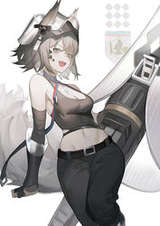  animal_ear_fluff animal_ears arknights ashlock_(arknights) ashlock_(elite_ii)_(arknights) bare_shoulders belt black_belt black_pants breasts commentary_request crop_top female grey_eyes grey_hair hair_between_eyes haocong33 headgear holding holding_weapon lance looking_at_viewer medium_breasts midriff navel open_mouth pants polearm short_hair simple_background solo tank_top torn_clothes torn_tank_top weapon white_background 