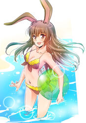  2017 animal_humanoid ball beach beach_ball bent_arm bikini breasts brown_eyes brown_hair clothed clothing detailed_background extended_arm faunus female hair hi_res holding_ball holding_beach_ball holding_object human_and_animal_ears humanoid iesupa inflatable lagomorph lagomorph_humanoid legs_in_water legs_together leporid_humanoid long_hair looking_at_viewer mammal mammal_humanoid multi_ear navel outside partially_submerged pool_toy rabbit_humanoid rooster_teeth rwby seaside smile solo sparkles sparkling_water standing standing_in_water straight_legs submerged_legs swimwear velvet_scarlatina water 