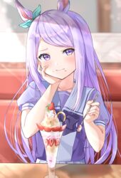  absurdres animal_ears bad_id bad_pixiv_id bochibochi_(gyuuniku_6000) bow bowtie closed_mouth commentary eating female food food_on_face hand_on_own_face highres horse_ears horse_girl horseshoe_ornament ice_cream light_purple_hair long_hair looking_at_viewer mejiro_mcqueen_(umamusume) paku_paku_desuwa parfait pleated_skirt pov_across_table puffy_short_sleeves puffy_sleeves purple_eyes purple_hair purple_shirt sailor_collar sailor_shirt school_uniform serafuku shirt short_sleeves skirt smile solo summer_uniform tracen_school_uniform umamusume white_skirt 