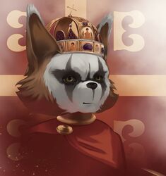  2018 anthro big_ears biomutant black_nose breed_(biomutant) brown_body brown_fur bust_portrait byzantine byzantine_flag close-up clothed clothing cross crown detailed dress emperor experiment_101 flag flag_background fur grey_body grey_fur headgear hi_res looking_away male mammal multicolored_body multicolored_fur portrait primal_(biomutant) procyonid protagonist_(biomutant) raccoon red_background royalty simple_background smile smirk solo thepimpartist thq_nordic traditional_media_(artwork) white_body white_fur yellow_background yellow_eyes 