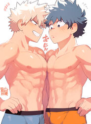  2boys abs artist_name bakugou_katsuki blonde_hair boku_no_hero_academia boxer_briefs closed_mouth flying_sweatdrops freckles green_eyes green_hair grin groin hand_on_own_hip highres hip_bones implied_yaoi light_blush looking_at_another looking_down male_focus male_underwear midoriya_izuku multiple_boys muscular muscular_male navel notice_lines obliques pectoral_docking pectoral_press pectorals red_eyes short_hair shoulder-to-shoulder signature simple_background smile spiked_hair topless_male translated twitter_username underwear v-shaped_eyebrows white_background yazaki_(yazakc) 