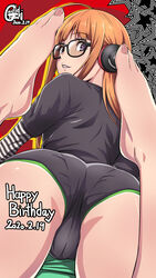  artist_name ass barefoot black_shirt commentary_request dated feet female gentle_sasaki glasses happy_birthday headphones highres long_hair looking_at_viewer looking_back orange_hair persona persona_5 purple_eyes sakura_futaba shirt solo striped_clothes striped_shirt 