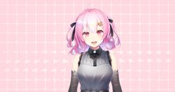  akkochan bad_id bad_twitter_id blush bow breasts commentary_request cyanomirahi female gloves hair_ornament hairbow hairclip highres looking_at_viewer pale_skin pink_eyes pink_hair re-ply short_twintails sleeveless smile solo twintails virtual_youtuber 