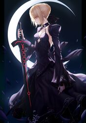  andi_1021 artoria_pendragon_(fate) bad_id bad_pixiv_id black_sleeves blonde_hair braid braided_bun breasts cleavage closed_mouth collarbone commentary_request crescent_moon excalibur_morgan_(fate) fate/stay_night fate_(series) female from_side green_eyes hair_between_eyes hair_bun highres holding holding_sword holding_weapon looking_down medium_breasts moon saber_alter short_hair shrug_(clothing) sidelocks single_hair_bun solo sword weapon 