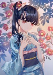  :o black_hair blue_kimono blunt_bangs butterfly_hair_ornament camellia commentary_request curious female floral_background floral_print flower hair_flower hair_ornament hair_over_shoulder highres japanese_clothes kimetsu_no_yaiba kimono littleamber long_sleeves looking_at_viewer obi photoshop_(medium) red_eyes red_flower sash side_ponytail solo tsuyuri_kanao upper_body 