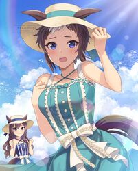  2girls animal_ears aqua_eyes bare_shoulders blue_dress blue_sky bow chikabo_m clenched_hands cloud cloudy_sky commentary_request cosplay dress ears_through_headwear hat horse_ears horse_girl horse_tail mejiro_dober_(umamusume) mejiro_dober_(umamusume)_(cosplay) mejiro_dober_(vacation_safir)_(umamusume) mejiro_ryan_(umamusume) multiple_girls official_alternate_costume outdoors purple_eyes sky sun_hat tail tail_through_clothes umamusume white_bow 