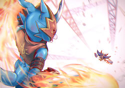  2023 anthro ass bandai_namco blue_arms blue_body blue_butt blue_tail bruised clothed clothing diaboromon digimon digimon_(species) duo fight fire flamedramon open_mouth red_eyes shoru tail tongue 