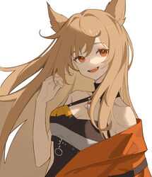  ahoge animal_ears arknights belt belt_buckle blonde_hair breasts buckle ceobe_(arknights) ceobe_(summer_flowers)_(arknights) chinese_commentary collar commentary dog_ears dress female from_side hair_between_eyes hand_in_own_hair highres jacket lock long_hair looking_at_viewer oerba_yun_fang off_shoulder official_alternate_costume open_mouth padlock padlocked_collar pingdiguo red_eyes red_jacket simple_background smile solo upper_body white_background 