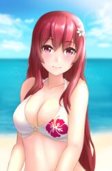  22/7 bad_id bad_pixiv_id beach bikini breasts cleavage day female floral_print flower hair_flower hair_ornament highres long_hair medium_breasts outdoors red_eyes red_hair sato_reika solo swimsuit upper_body white_bikini zen_cross 