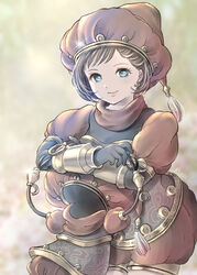  adventurer_(ff11) artist_name automaton_(final_fantasy) black_gloves blue_eyes brown_hair cowboy_shot earrings elbow_gloves female final_fantasy final_fantasy_xi glint gloves hat highres hume jewelry legs_together looking_at_viewer piyoco puffy_short_sleeves puffy_sleeves puppetmaster_(final_fantasy) red_headwear short_hair short_sleeves smile sparkle 