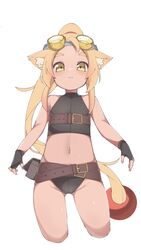  animal_ear_fluff animal_ears ass_visible_through_thighs bare_shoulders belt belt_buckle black_gloves blonde_hair brown_belt brown_eyes buckle closed_mouth copyright_request cropped_legs female fingerless_gloves forehead gloves goggles goggles_on_head groin high_ponytail highres long_hair looking_at_viewer lyanon navel ponytail short_eyebrows simple_background sleeveless smile solo thick_eyebrows very_long_hair white_background 