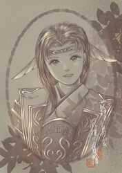  branch eyelashes female final_fantasy final_fantasy_xi hair_intakes head_tilt headband highres hume iroha_(ff11) japanese_clothes leaf lips long_hair looking_at_viewer parted_lips piyoco sepia smile solo 