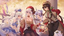  animal animal_ears ark_royal_(azur_lane) autumn azur_lane belfast_(azur_lane) blue_eyes breasts brown_hair bunny_ears chocolate cleavage criin_(659503) dress feline food group hat horse laffey_(azur_lane) long_hair pantyhose pocky ponytail purple_eyes purple_hair red_eyes ribbons scarf tree twintails unicorn unicorn_(azur_lane) white_hair 