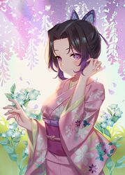  black_hair blush breasts butterfly_hair_ornament closed_mouth commentary_request female floral_background floral_print flower flower_request gradient_hair hair_ornament highres japanese_clothes kimetsu_no_yaiba kimono kochou_shinobu littleamber long_sleeves looking_at_viewer multicolored_hair obi outstretched_hand parted_bangs petals pink_kimono purple_eyes purple_hair sash smile solo sunlight tucking_hair upper_body wisteria 