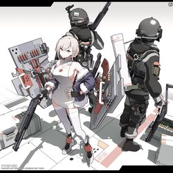  2boys absurdres armor breasts character_name circle_a commentary_request female fingerless_gloves fsb girls&#039;_frontline gloves griffin_&amp;_kryuger gun hand_on_own_hip handgun helmet highres holding holding_gun holding_weapon holster jacket jacket_on_shoulders looking_at_viewer meme_attire multiple_boys night_vision_device no_bra police police_uniform rmb-93 rmb-93_(girls&#039;_frontline) russian_flag russian_text shield shield_module short_hair shotgun shotgun_shell sideboob simple_background star_(symbol) tactical_clothes thigh_holster thighhighs translated trigger_discipline uniform virgin_killer_sweater weapon white_hair zettai_ryouiki 