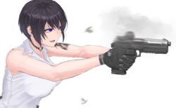  :d absurdres arm_tattoo bare_shoulders belt black_belt black_choker black_hair blue_eyes breasts buckle choker collared_shirt d-sawa613 dress_shirt ear_piercing female finger_on_trigger firing fk_brno_field_pistol gloves grey_gloves grey_pants gun hair_between_eyes handgun highres holding holding_gun holding_weapon medium_breasts motion_blur o-ring o-ring_choker original pants piercing reflex_sight shell_casing shirt short_hair simple_background sleeveless sleeveless_shirt smile smoke snap-fit_buckle solo tattoo upper_body weapon white_background white_shirt 