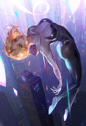  arched_back ass black_bodysuit blonde_hair blue_eyes bodysuit breasts building city cityscape cleavage commentary english_commentary fan_yang_(jiuge) female full_body grin gwen_stacy highres hood hooded_bodysuit large_breasts looking_at_viewer marvel multicolored_bodysuit multicolored_clothes print_bodysuit red_bodysuit short_hair skin_tight skyscraper smile solo spider-gwen spider-man:_across_the_spider-verse spider-man_(series) spider-verse spider_web_print superhero_costume white_bodysuit 