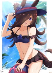  alternate_costume animal_ears blurry blurry_background breasts cleavage collarbone commentary_request female hair_over_one_eye hat horse_ears horse_girl horse_tail kimukimu long_hair navel outdoors purple_eyes rice_shower_(umamusume) small_breasts solo swimsuit tail umamusume 