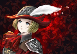  adventurer_(ff11) armor ascot blonde_hair blue_eyes closed_mouth feathers female final_fantasy final_fantasy_xi hat hat_feather highres hume lips pink_lips piyoco red_ascot red_mage_(final_fantasy) short_hair shoulder_armor solo upper_body white_feathers 