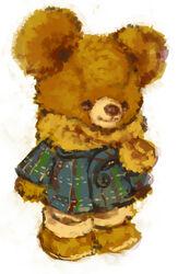  2022 ambiguous_gender anthro bear boots brown_body brown_fur button_(fastener) clothing dot_eyes footwear fur jacket koki mammal plushie scarf simple_background smile solo standing topwear white_background 