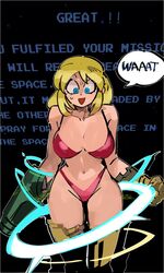  33dot arm_cannon blonde_hair blue_eyes bra breasts cleavage dissolving_clothes english_text female highres metroid metroid_(classic) panties power_suit_(metroid) red_bra red_panties samus_aran short_hair solo speech_bubble sweat thong underwear weapon 