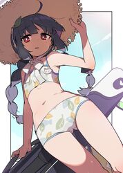  ahoge arm_up armpits ass_visible_through_thighs black_hair blue_archive border braid breasts commentary cowboy_shot female flat_chest from_below hand_on_headwear hat leaf long_hair looking_to_the_side miyu_(blue_archive) miyu_(swimsuit)_(blue_archive) nanateru navel official_alternate_costume outside_border red_eyes ribbon separated small_breasts solo standing stomach straw_hat sweat swimsuit thighs twin_braids white_border 