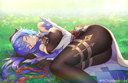  absurdres ahoge artist_name ass bare_shoulders bell black_pantyhose blue_hair breasts chinese_commentary chunhwei_lee closed_eyes closed_mouth commentary_request cowbell day detached_sleeves facing_viewer feet_out_of_frame female ganyu_(genshin_impact) genshin_impact grass hair_between_eyes hair_spread_out highres horns large_breasts long_hair long_sleeves lying on_grass on_side outdoors pantyhose sideboob sleeping solo watermark weibo_logo weibo_watermark 