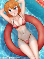  absurdres afloat alternate_hairstyle armpits arms_behind_head ass_visible_through_thighs bikini blue_eyes blush breasts candy cleavage commentary curvy english_commentary female food highres legs long_hair looking_at_viewer medium_breasts navel neon_genesis_evangelion no_headgear open_mouth orange_hair pool red_bikini signature solo souryuu_asuka_langley swimsuit thighs thong_bikini toned tsukare_(ttsukae) water wide_hips 