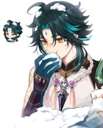  1boy ahoge armor asymmetrical_clothes bad_id bad_twitter_id bead_necklace beads blush eating eyeshadow facial_mark forehead_mark fractalmagnolia genshin_impact green_hair jewelry makeup male_focus multicolored_hair necklace parted_bangs red_eyeshadow short_hair_with_long_locks single_bare_shoulder slit_pupils snow solo two-tone_hair xiao_(genshin_impact) yellow_eyes 