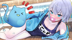  absurdres blue_eyes blue_jacket blush character_name chinese_commentary collarbone commentary_request copyright_name copyright_notice creature female flat_chest grey_hair hair_between_eyes highres jacket legs long_hair looking_at_viewer lying mouth_hold myo_sotis name_tag nkshoujo notice_lines old_school_swimsuit on_side one-piece_swimsuit open_clothes open_jacket oukafafafa pacifier pool school_swimsuit short_hair swimsuit virtual_youtuber 