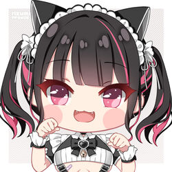  animal_ears artist_name bandaid bandaid_on_breast bell black_hair black_ribbon blunt_bangs blush_stickers breasts cat_ears chibi commentary cropped_shirt ear_piercing fangs female fpsmoe frills grey_background hair_ribbon hands_up heart indie_virtual_youtuber jingle_bell large_breasts looking_at_viewer maid_headdress multicolored_hair no_nose open_mouth piercing pink_eyes pink_hair puffy_short_sleeves puffy_sleeves ribbon rikotan_(vtuber) shirt short_sleeves smile solo streaked_hair twintails underboob upper_body virtual_youtuber white_ribbon white_shirt 