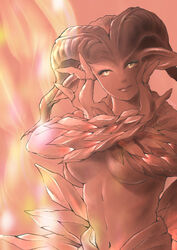  artist_name black_horns breasts closed_mouth colored_sclera colored_skin eyelashes female fewer_digits final_fantasy final_fantasy_xi fire genderswap_(mtf) hands_up head_tilt highres horns ifrit_(final_fantasy) lips looking_at_viewer medium_breasts midriff navel personification pink_background piyoco pointy_ears red_lips red_sclera red_skin rule_63 solo x_arms yellow_eyes 