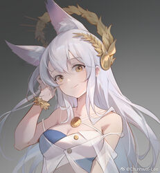  adjusting_hair animal_ear_fluff animal_ears arknights bare_arms bare_shoulders bikini breasts chunhwei_lee cleavage female gradient_background grey_background halterneck head_tilt horse_ears laurel_crown long_hair looking_at_viewer looking_to_the_side medium_breasts platinum_(arknights) platinum_(shimmering_dew)_(arknights) scrunchie smile solo swimsuit upper_body very_long_hair white_bikini white_hair wrist_scrunchie yellow_eyes 