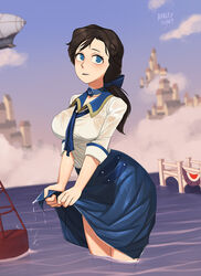  aircraft airship barleyshake bioshock_(series) bioshock_infinite black_hair blue_eyes blue_skirt blue_sky bow braid breasts building choker cloud commentary cowboy_shot dirigible elizabeth_(bioshock_infinite) english_commentary female hairbow highres long_hair looking_at_viewer neckerchief outdoors ponytail see-through shirt signature skirt sky solo standing wading water wet wet_clothes wet_shirt wringing_clothes wringing_skirt 