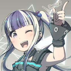  ;d ^^^ armpits ayasaka bad_id bad_twitter_id bang_(gesture) bang_dream! black_collar black_hair blunt_bangs collar commentary female finger_gun grey_background hair_bobbles hair_ornament long_hair looking_at_viewer multicolored_hair nyubara_reona one_eye_closed open_mouth purple_eyes sidelocks smile solo twintails two-tone_hair upper_body white_hair wrist_cuffs 