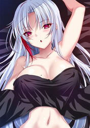  :o akeyama_kitsune arm_up azur_lane bare_shoulders black_tank_top breasts breasts_apart collarbone covered_nipples female hair_intakes large_breasts long_hair looking_at_viewer lying multicolored_hair narrow_waist navel official_alternate_costume on_back open_mouth parted_hair pink_eyes red_eyes red_hair solo streaked_hair tallinn_(azur_lane) tallinn_(nostalgic_pilsner)_(azur_lane) tank_top tsurime undressing upper_body white_hair 