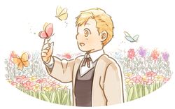  1boy :d alphonse_elric arm_at_side blonde_hair blue_butterfly blue_flower brown_coat brown_necktie brown_vest bug butterfly butterfly_on_hand chibi coat collared_shirt commentary_request cropped_torso eyelashes field fingernails flower flower_field formal fullmetal_alchemist hand_up happy index_finger_raised korean_commentary leaf light_blush looking_afar male_focus necktie open_clothes open_coat open_mouth orange_butterfly outline oval_background pai_(1111) pink_butterfly pink_flower profile purple_flower red_flower shaded_face shirt simple_background smile swept_bangs tareme vest white_background white_outline white_shirt yellow_butterfly yellow_eyes yellow_flower 