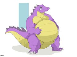  absurd_res alligator alligatorid anthro back_ridge belly big_belly canson crocodilian green_eyes hi_res male octariax purple_body reptile scales scalie solo spike_ridge standing tail thick_tail thick_thighs yellow_belly 