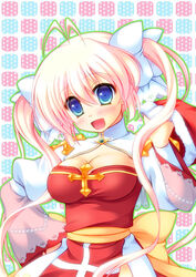  :d antenna_hair arch_bishop_(ragnarok_online) blue_eyes blush bow breasts christmas cleavage cleavage_cutout clothing_cutout comiket_79 commentary_request cross dress female furukawa_lemon hair_between_eyes hairbow hat juliet_sleeves large_breasts long_hair long_sleeves looking_at_viewer open_mouth pink_hair puffy_sleeves ragnarok_online santa_hat sash smile solo starry_background twintails two-tone_dress upper_body white_bow white_dress yellow_sash 