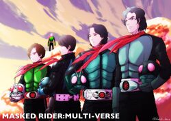  4boys anniversary armor bug copyright_name copyright_notice grasshopper green_armor heisei helmet highres holding holding_helmet hongou_takeshi kamen_rider kamen_rider:_beyond_generations kamen_rider_1 kamen_rider_1_(shin) kamen_rider_spirits kamen_rider_the_first keishi_ozaki male_focus mask medium_hair multiple_boys red_scarf reiwa scarf shin_kamen_rider short_hair typhoon_(kamen_rider) unworn_mask 