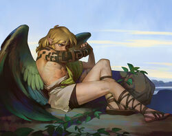  1boy alexandre_cabanel angel_wings archaic_set_(zelda) blonde_hair blue_eyes blue_sky commentary day english_commentary fallen_angel_(painting) fine_art_parody from_side full_body furrowed_brow green_wings highres interlocked_fingers leaf link looking_up male_focus malin_falch medium_hair nipples outdoors parody plant pointy_ears sandals sitting sky teardrop the_legend_of_zelda the_legend_of_zelda:_tears_of_the_kingdom three_quarter_view toned toned_male vines wings 