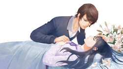  bed black_hair brown_eyes brown_hair dong_wensen flowers long_hair male original petals short_hair 