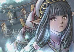  artist_name black_hair blunt_bangs copyright_name eyelashes female final_fantasy final_fantasy_xi long_hair orange_eyes parted_lips pink_lips piyoco pointy_ears solo star_sibyl tarutaru upper_body 