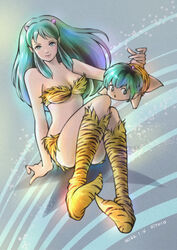  1boy absurdres animal_print aqua_hair arm_behind_back artist_name bare_arms bare_shoulders bikini blue_eyes breasts cleavage closed_mouth commentary_request cone_horns dated eyelashes female highres horns kneehighs knees_together_feet_apart lips long_hair looking_at_viewer lum medium_breasts oni pink_horns pink_lips piyoco pointy_ears print_bikini print_socks sidelocks sitting smile socks strapless strapless_bikini swimsuit ten_(urusei_yatsura) tiger_print urusei_yatsura 